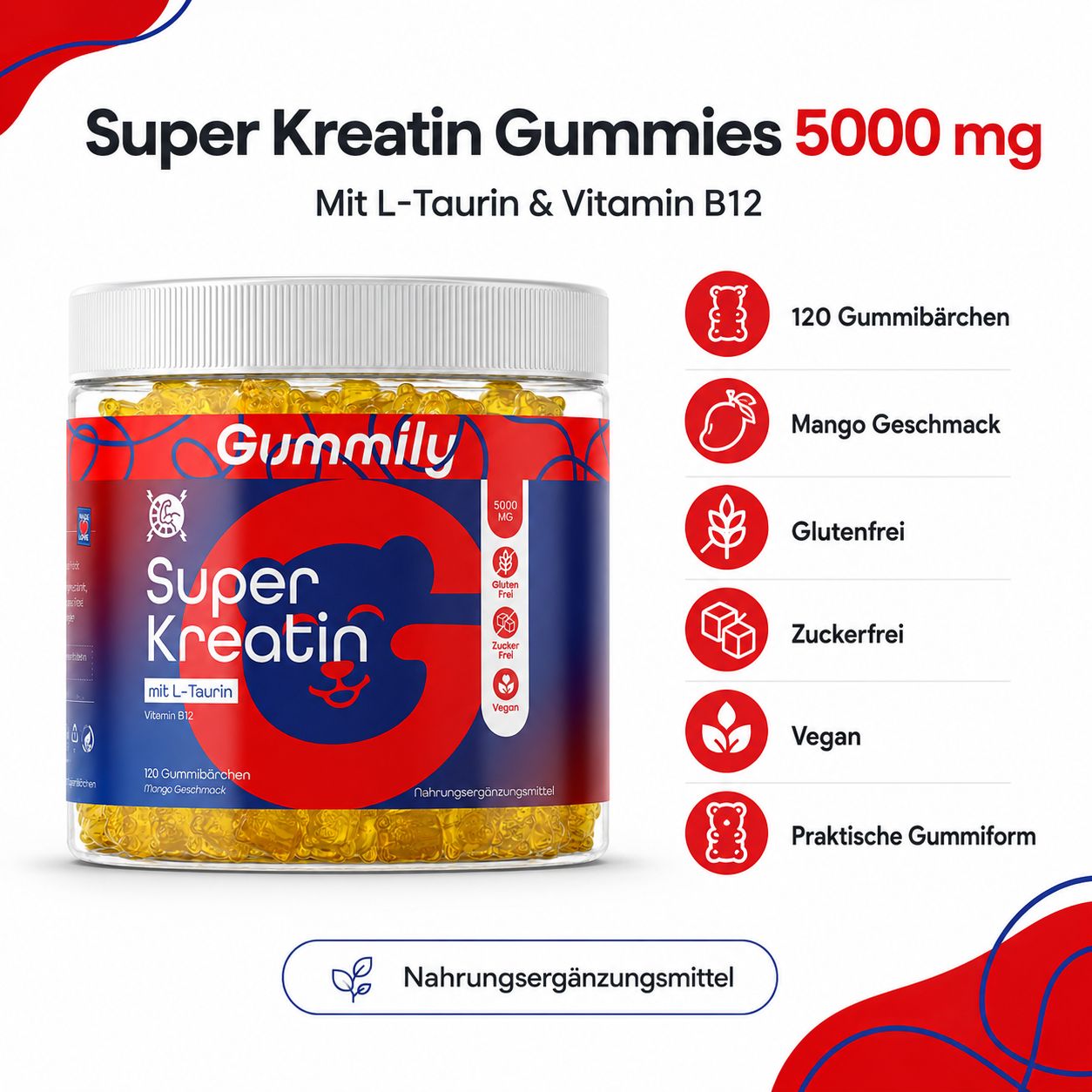 Gummily Super Kreatin Gummies 5000 mg: 120 Stück, Mango, glutenfrei, zuckerfrei, vegan, praktische Gummiform.