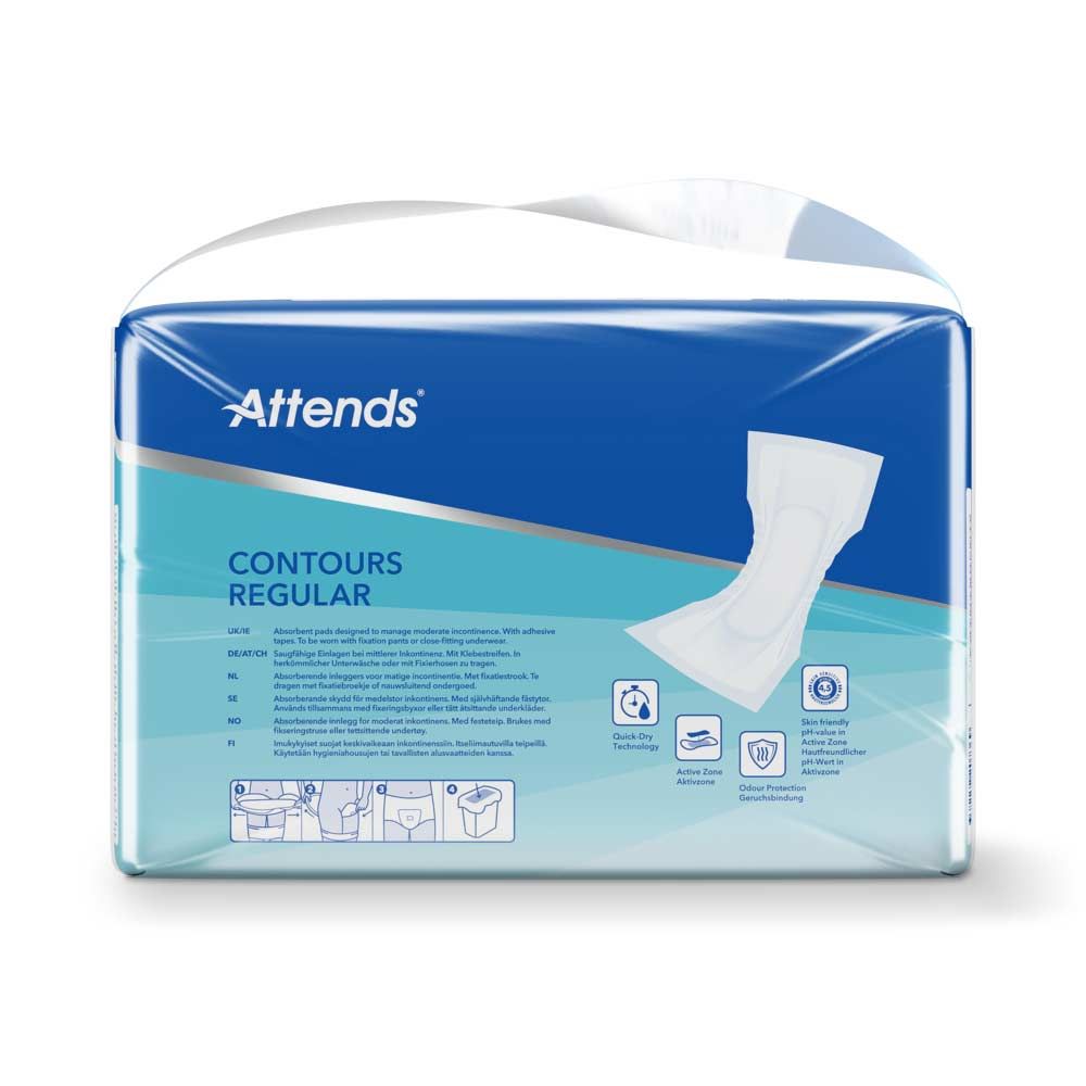 Rückseite der Attends Contours Regular 5 Verpackung. Text in mehreren Sprachen, Piktogramme und Logos.