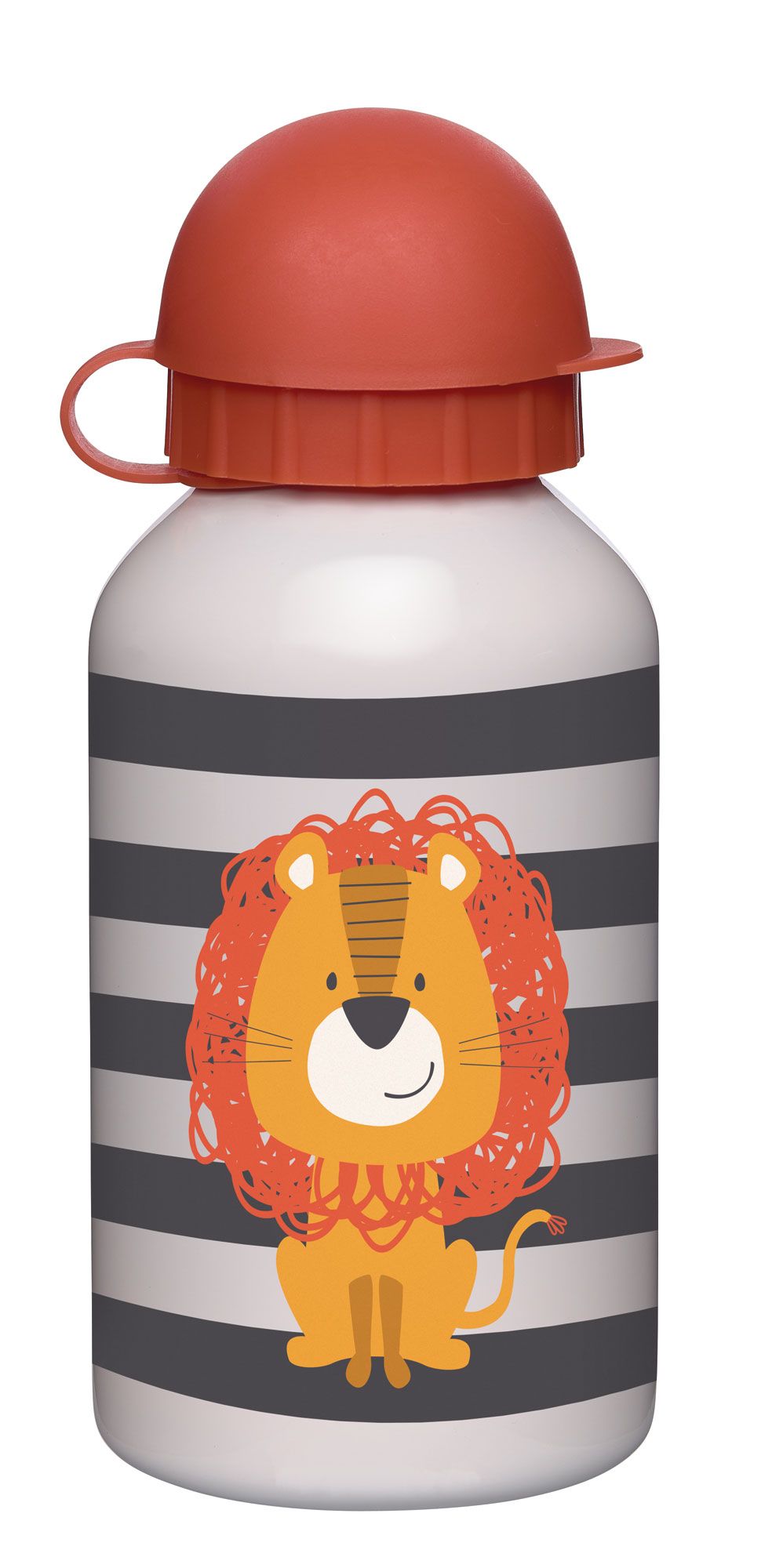 Trinkflasche mit Löwen-Illustration und rotbraunem Deckel. Graue Streifen auf weißem Hintergrund. Mit Trinkverschluss.