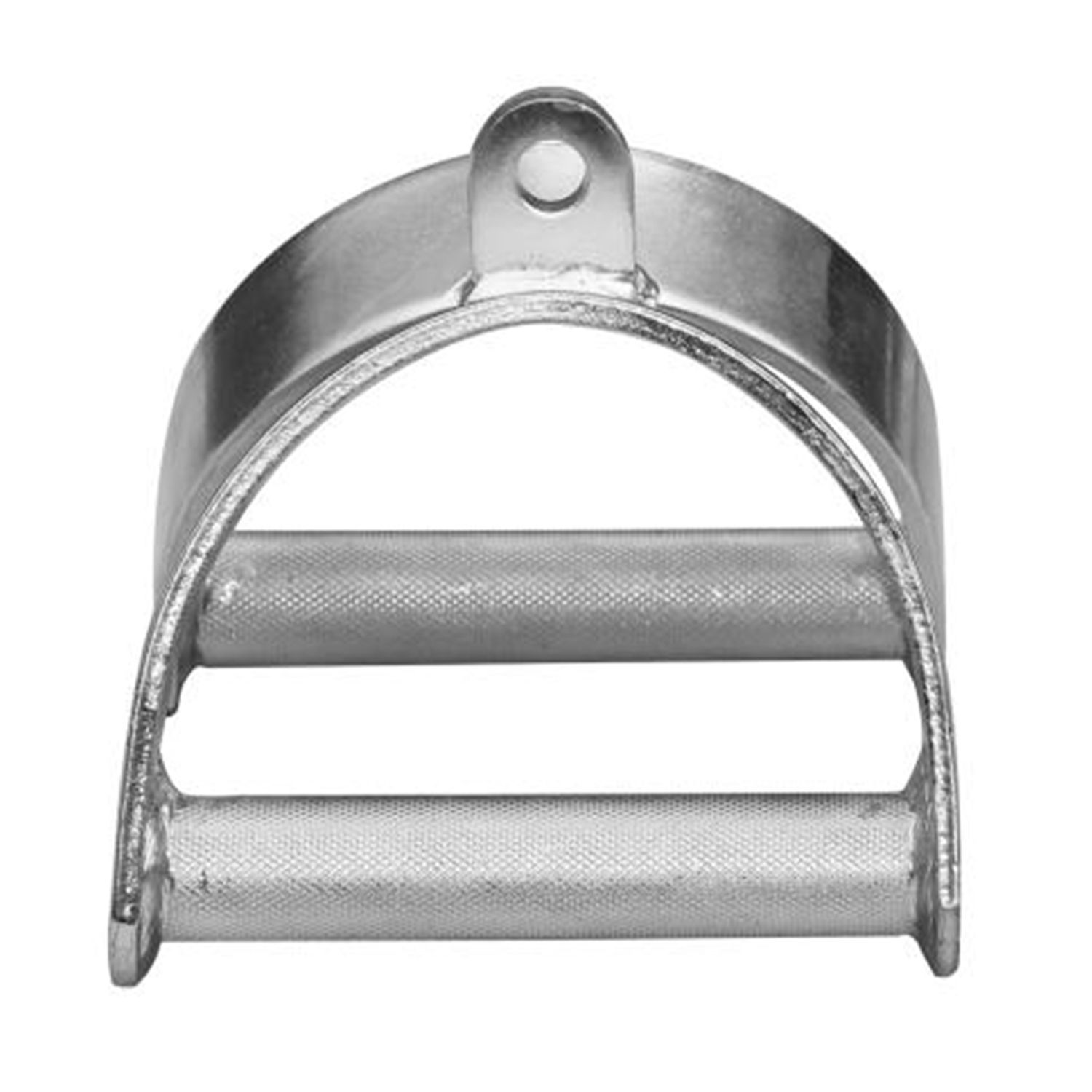 Hufgriff aus Metall. Zwei parallele Griffe mit geriffelter Oberfläche, verbunden durch einen gebogenen Bügel mit Loch.
