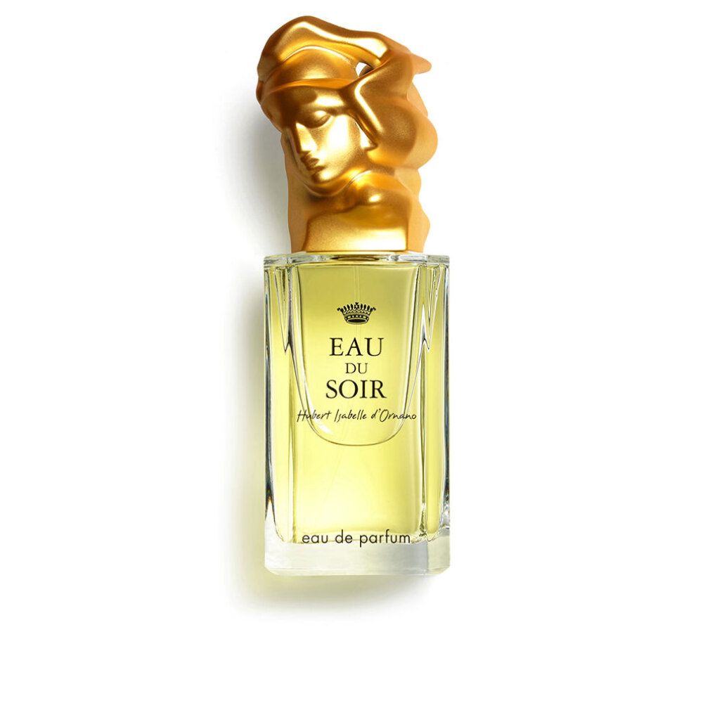 Glasflakon mit goldfarbenem Deckel, der eine Frauendarstellung zeigt. Aufschrift: Eau du Soir, Hubert Isabelle d'Ornano. Parfum.