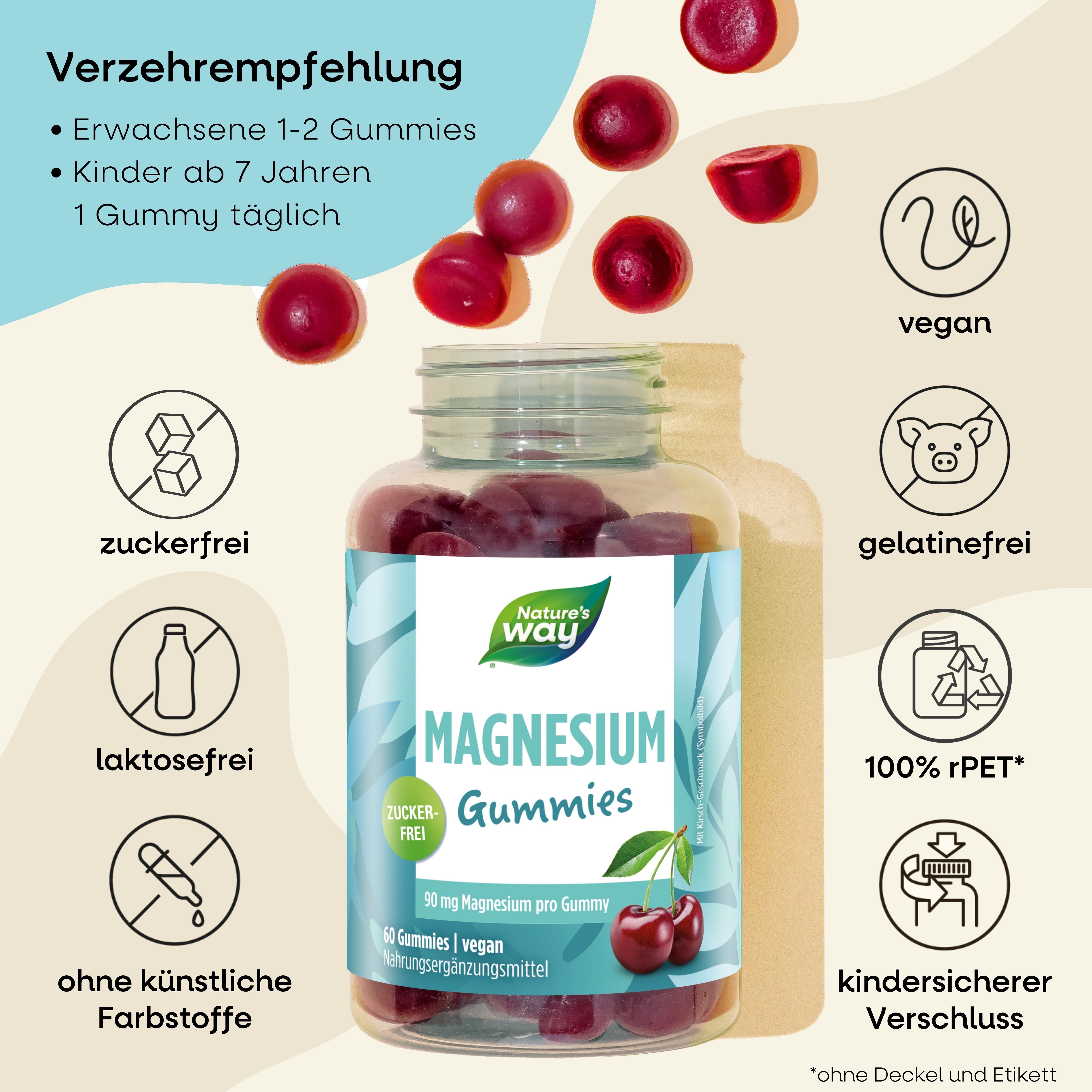 Flasche Nature's Way Magnesium Gummies mit Kirsch-Gummies. Text: Zuckerfrei, 90 mg Magnesium pro Gummie, vegan, gelatinefrei, laktosefrei.