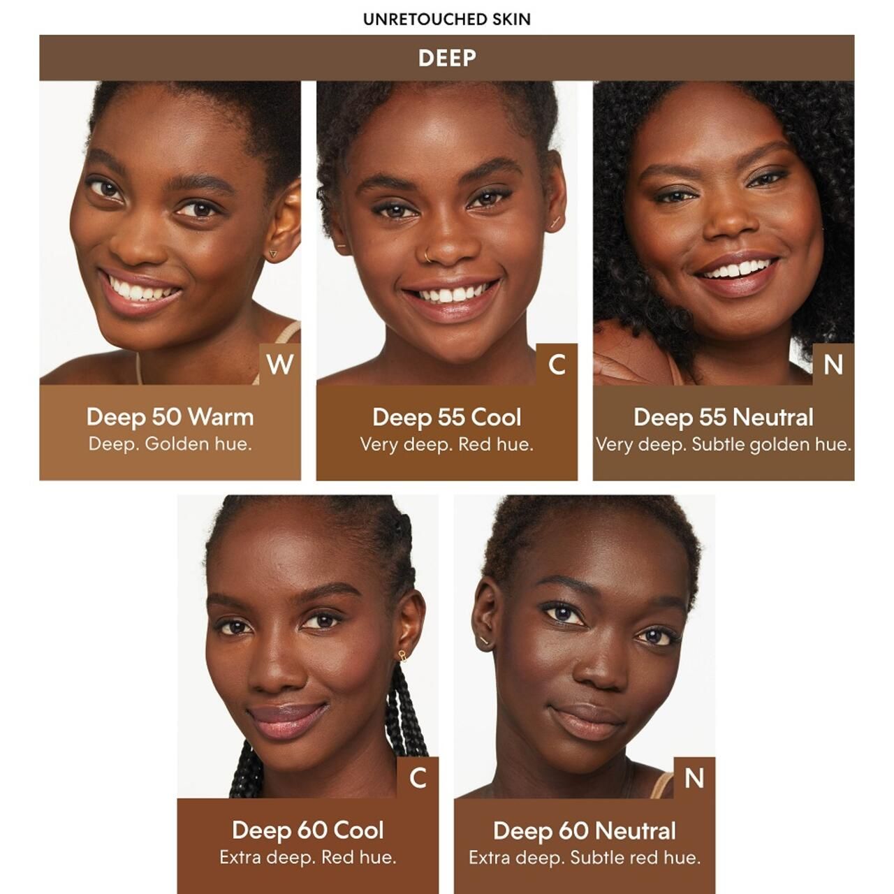 Gesichtsfotos von Frauen mit verschiedenen Hauttönen. Produktfarben-Referenz. Beschriftung: Deep 50, 55, 60.