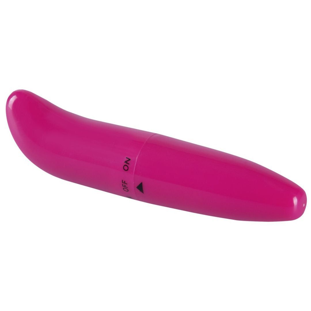 Pinkfarbener Vibrator mit geschwungener Form. Drehregler mit 'ON' und 'OFF' Beschriftung.