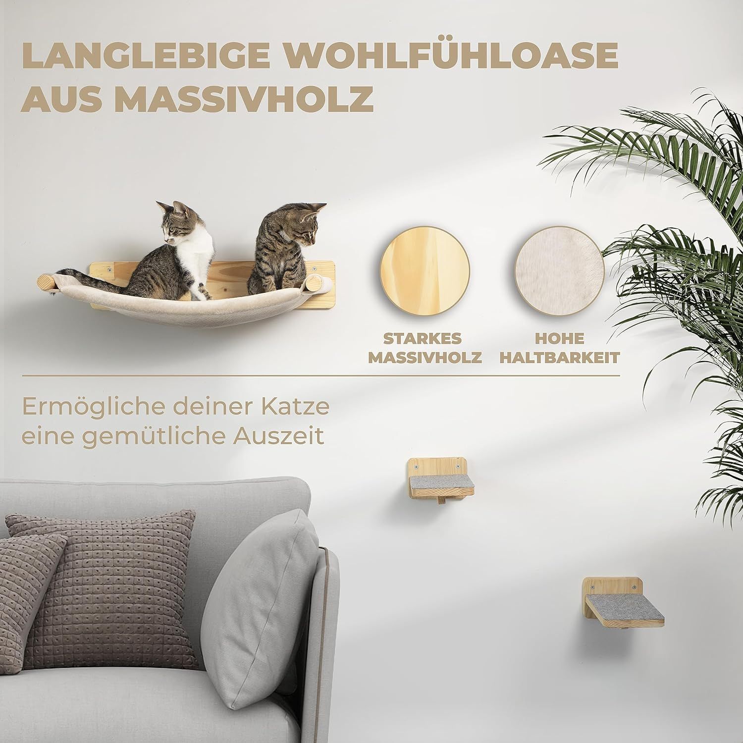 WOOWOOD® Katzenhängematte aus Massivholz inkl. 2 Katzentreppen Wand
