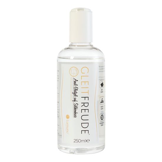 Klare Flüssigkeit in einer Flasche mit weißem Deckel. Aufschrift: Gleitfreude, Anal Gleitgel auf Silikonbasis, 250ml.