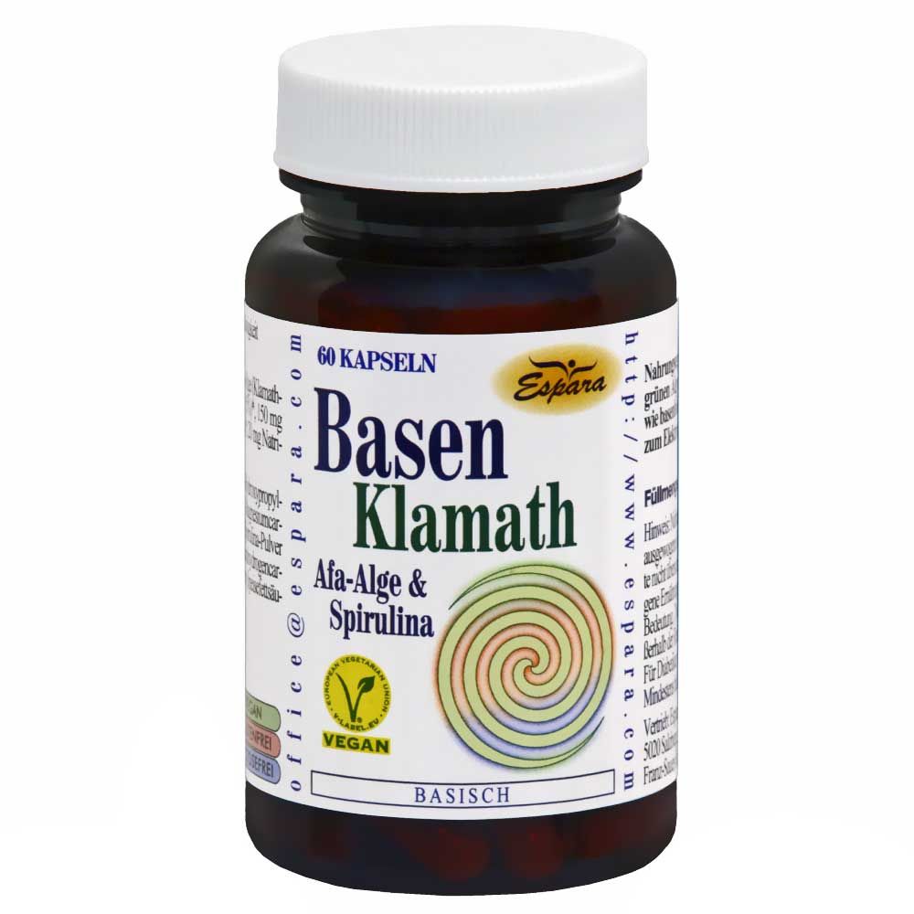 Braune Flasche mit weißen Deckel. Aufschrift: Basen Klamath, 60 Kapseln, AFA-Alge & Spirulina. Vegan-Siegel.