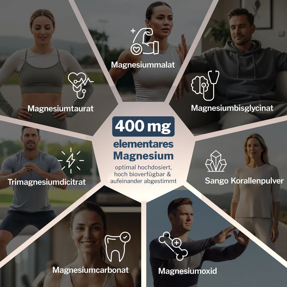 Kreisförmige Anordnung von Personen und Icons. Text: 400 mg elementares Magnesium. Magnesiummalat, -taurat, -bisglycinat, -carbonat, -oxid.