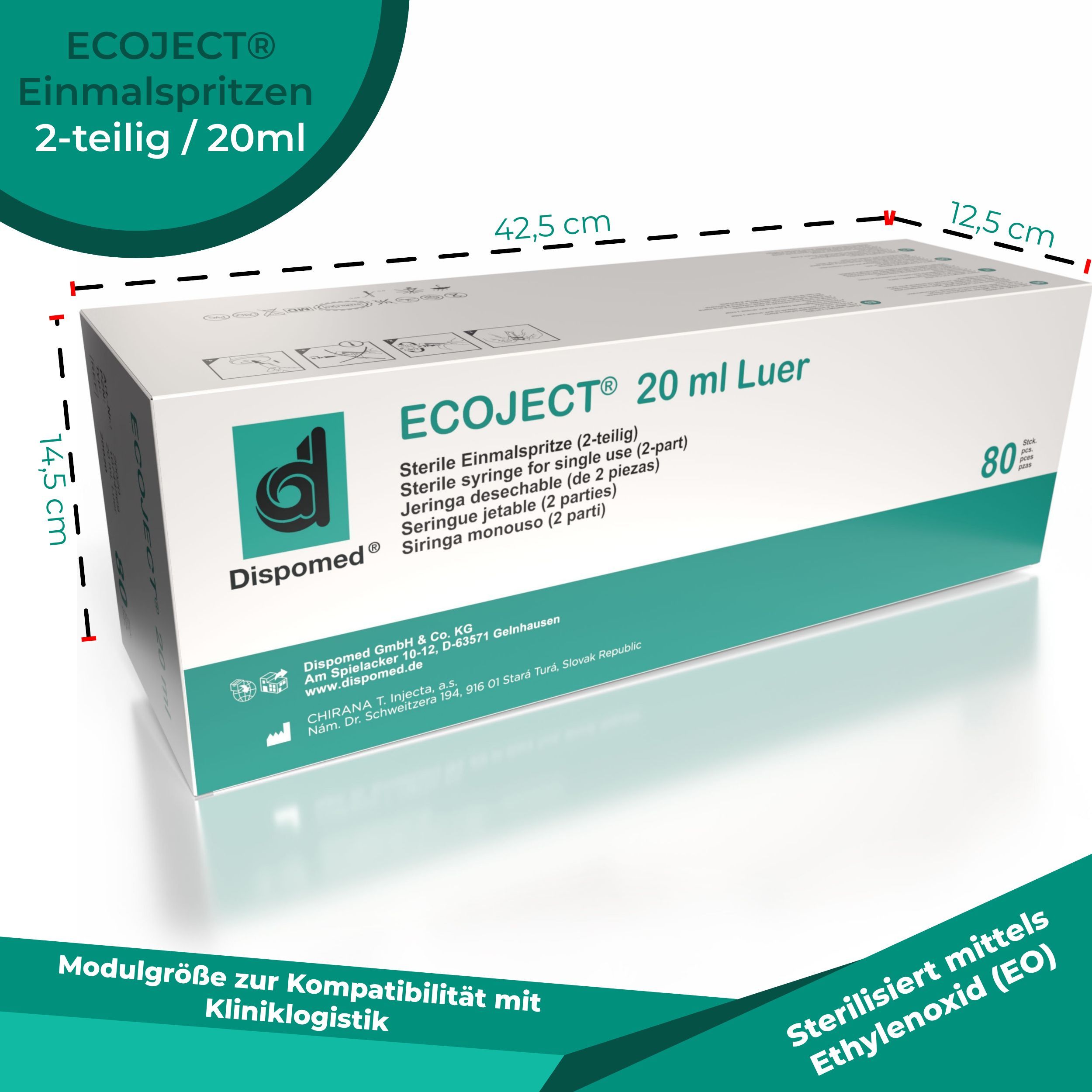 Verpackung von Ecoject® Einmalspritzen 20 ml. Weiße Schachtel mit grüner Schrift und Logo.