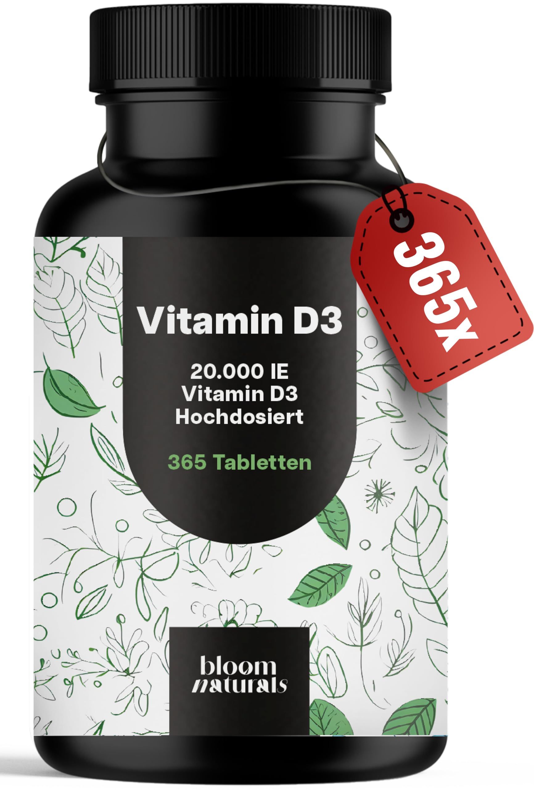 Bloom Naturals Vitamin D3 Hochdosiert, 365 Tabletten mit rotem Anhänger.