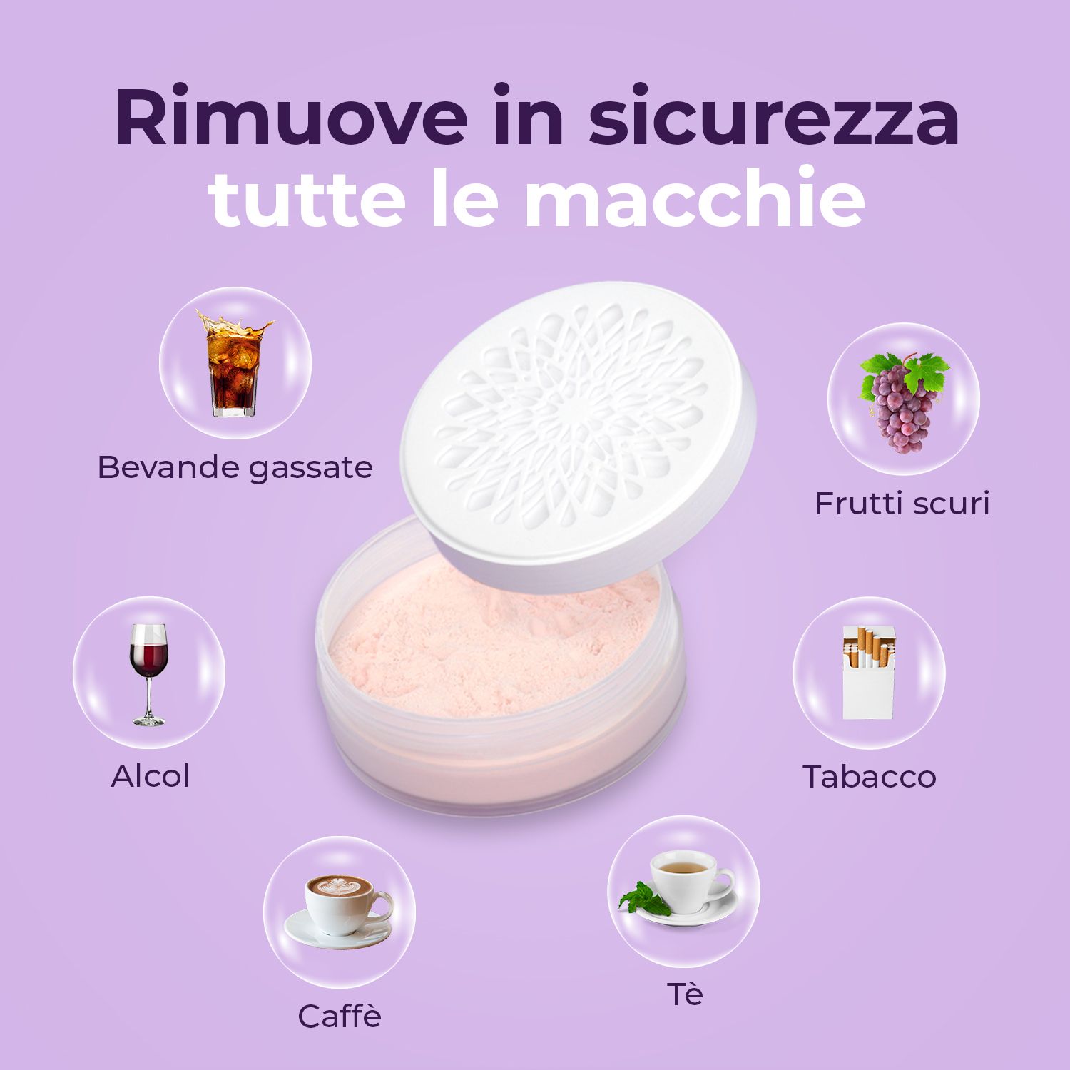 Polvere sbiancante con coperchio. Rimuove le macchie da bevande e sostanze stimolanti.