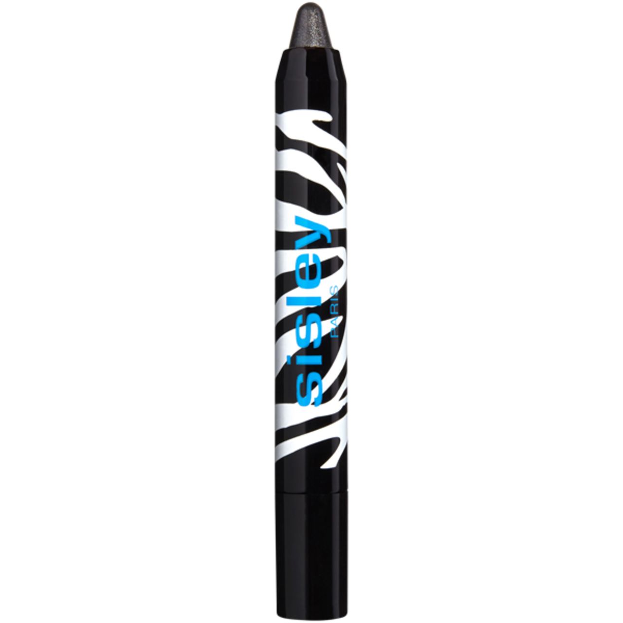 Sisley Phyto-Eye Twist, schwarz-weiß gestreift, mit blauem Schriftzug. Die Spitze ist grau.