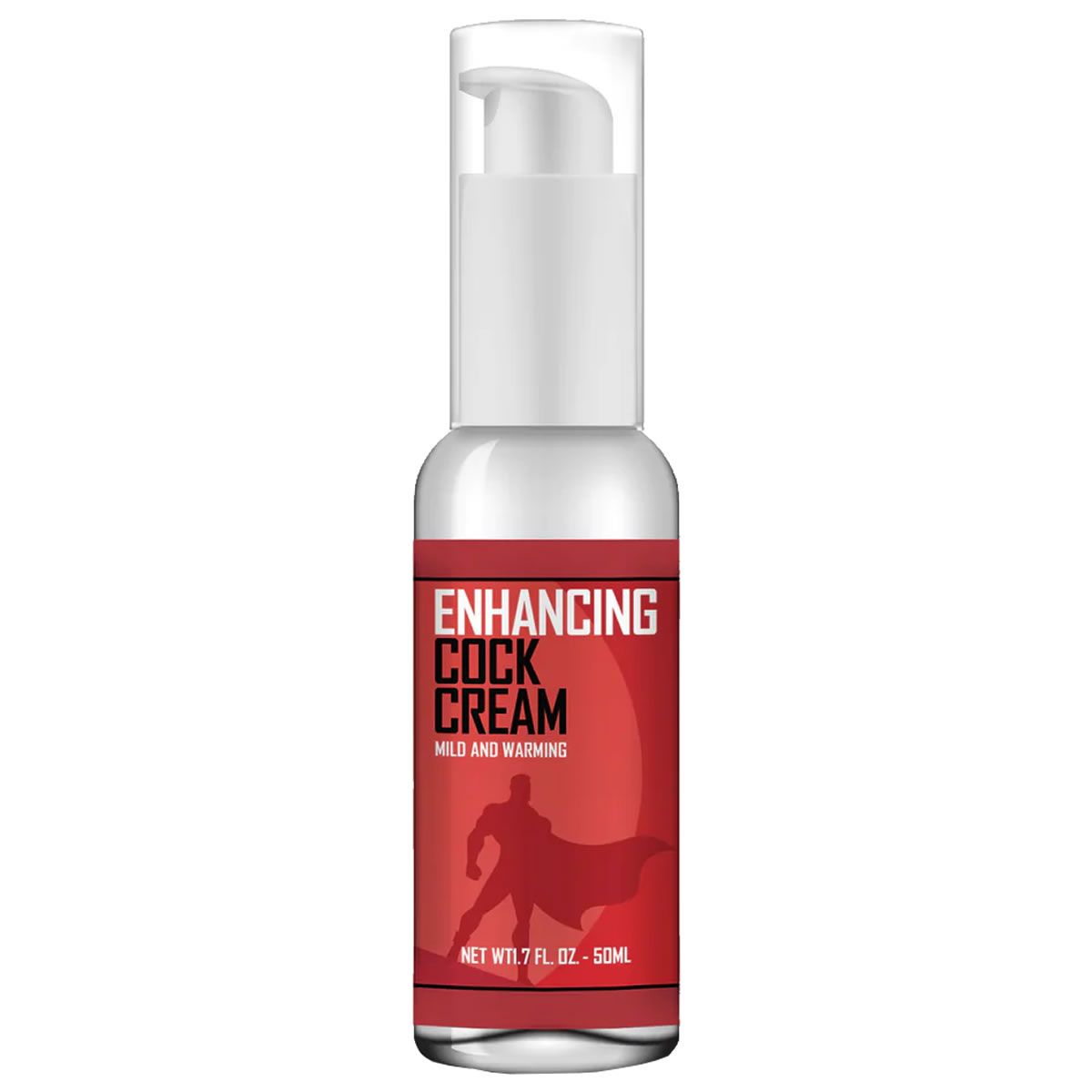 Weiße Flasche mit rotem Etikett. Aufschrift: ENHANCING COCK CREAM. Mit Superman-Silhouette. Enthält 7 FL. OZ. - 50ml.