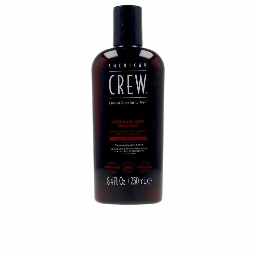 Dunkelrote Shampoo-Flasche mit schwarzem Deckel. Aufschrift: AMERICAN CREW. Text: Anti-Haarausfall Shampoo. 8.4 Fl. Oz. / 250ml.