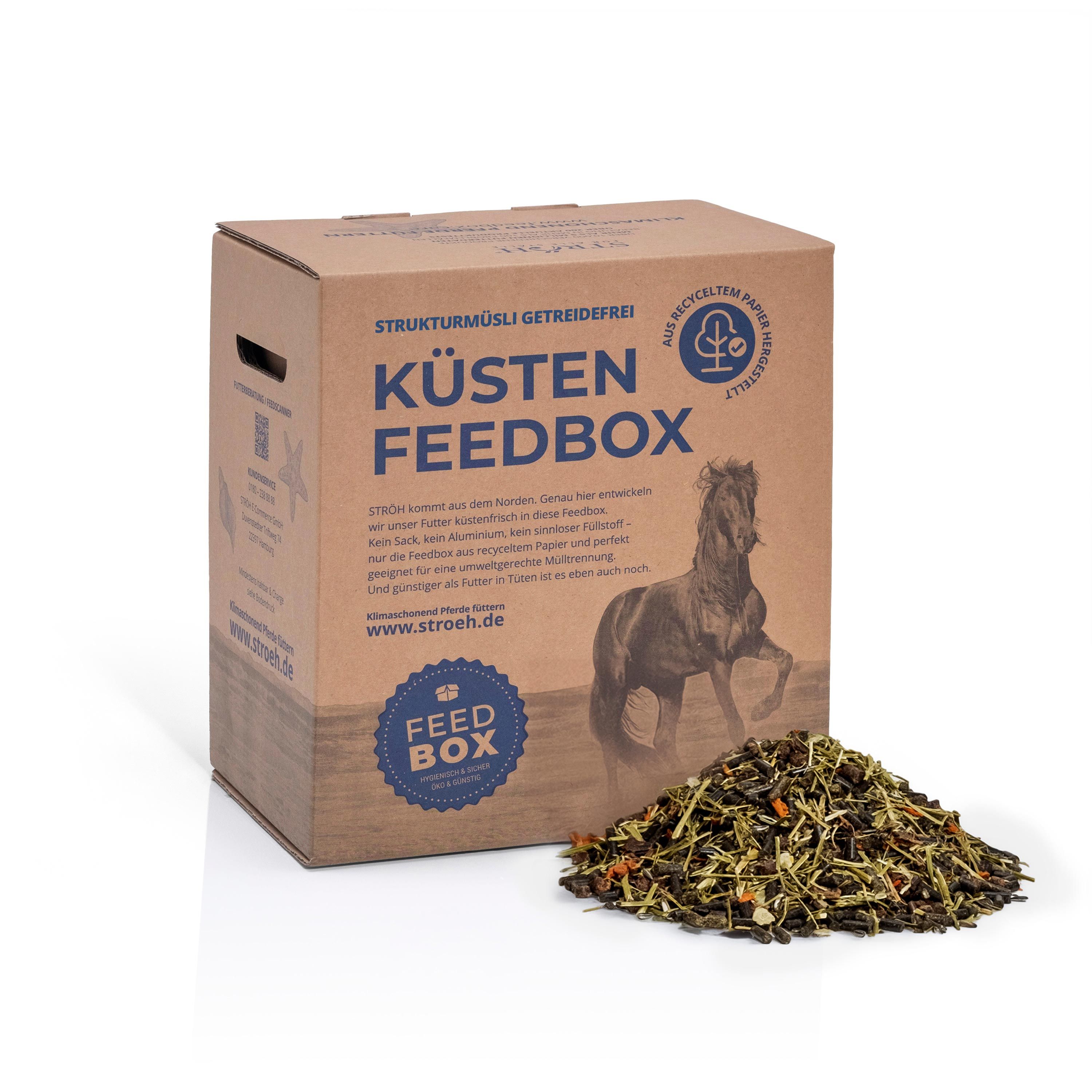 Karton "KÜSTEN FEEDBOX" mit Strukturmüsli. Getreidefrei. Logo: recyceltes Papier. Produkt und Futter.