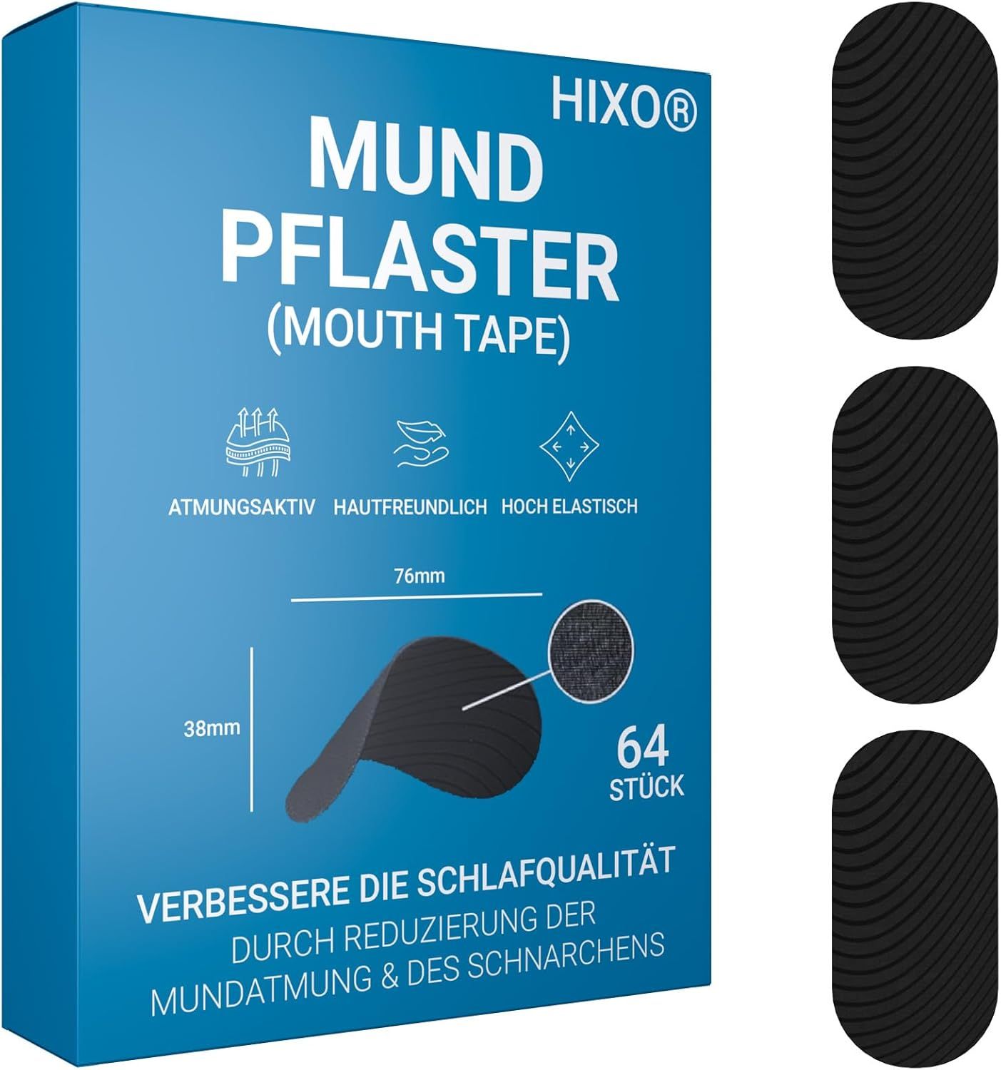 Blaues Produktkarton mit Produktname und Eigenschaften. Enthält 64 Stück Mundpflaster. Schwarze Pflaster mit geriffelter Oberfläche.