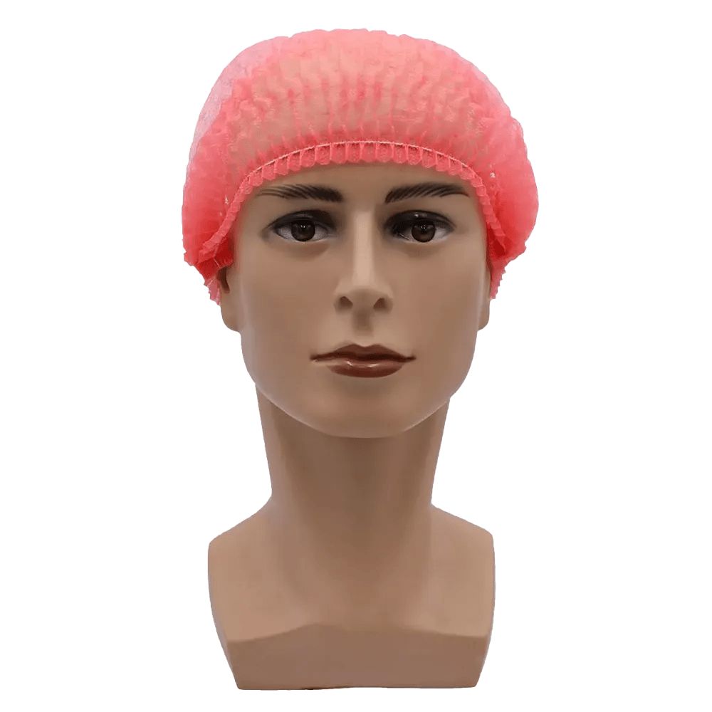 Rosa Klipphaube auf einem Schaufensterpuppenkopf. Die Haube hat eine gerüschte Kante.