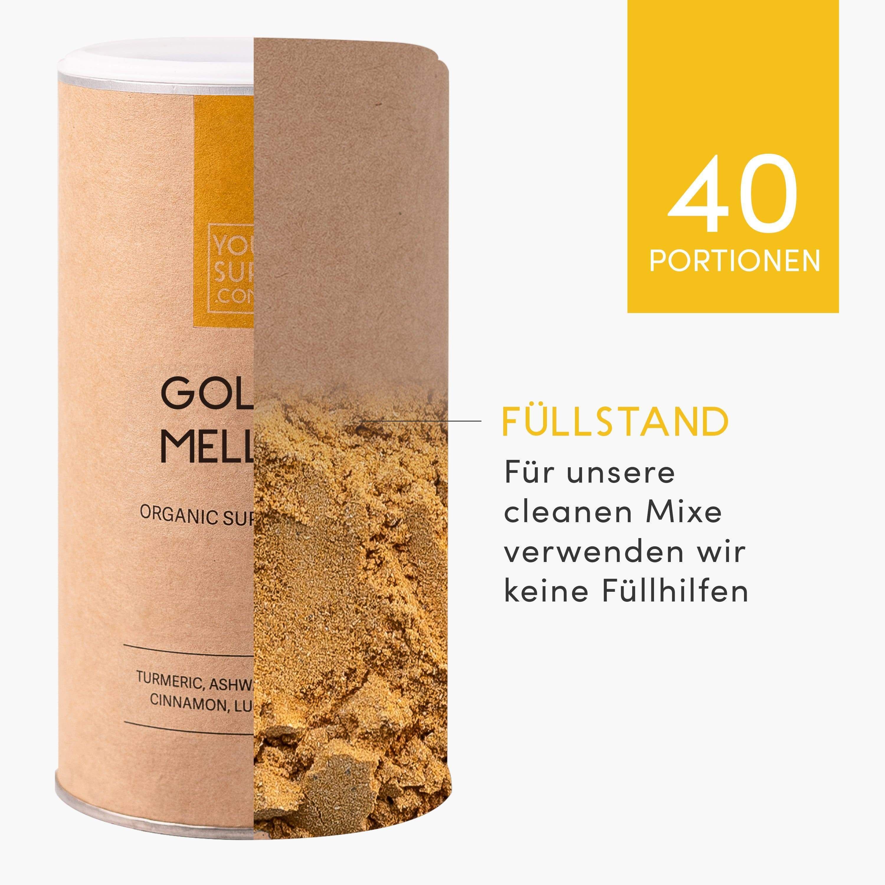 Dose 'Golden Mellow' mit geöffneter Seite, zeigt Pulver. Text: '40 Portionen'.