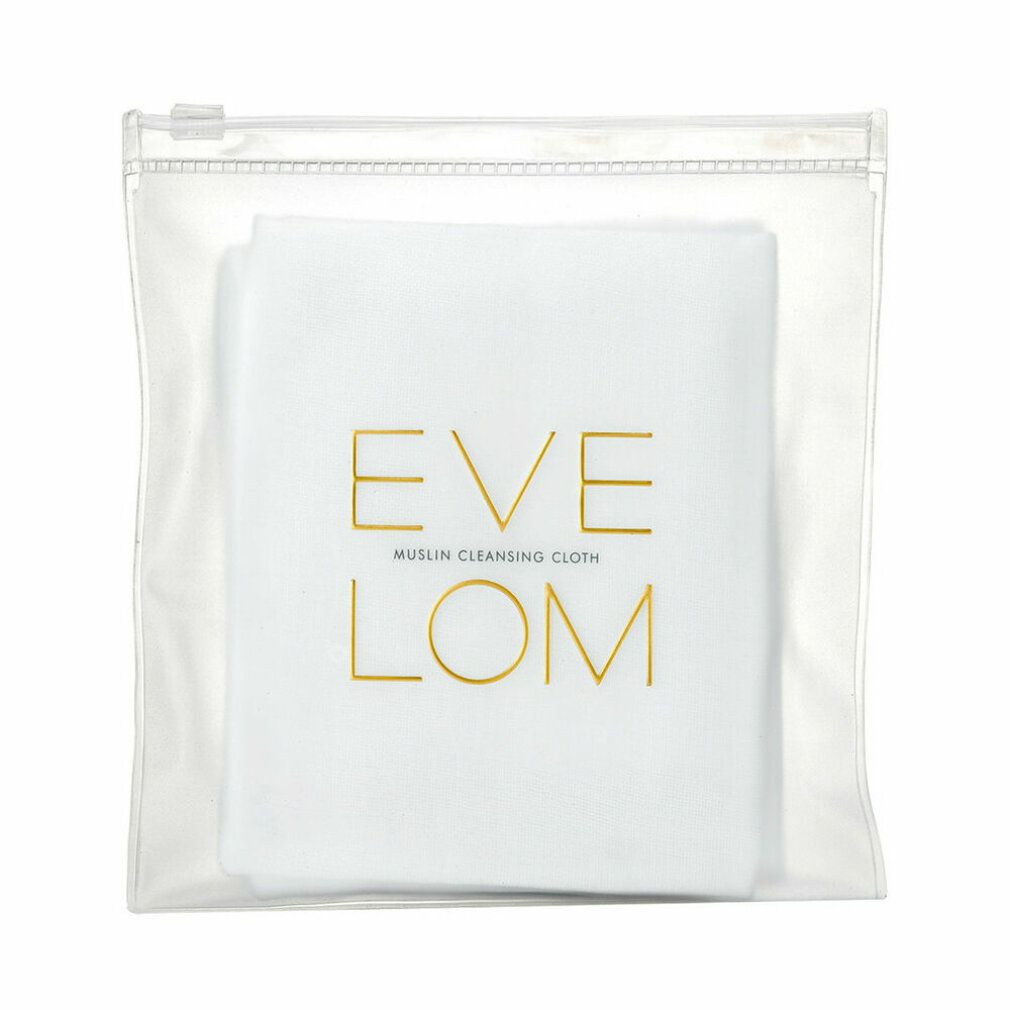 Weißes Muslintuch mit goldfarbenem Schriftzug "EVE LOM" in transparenter Reißverschlusstasche.