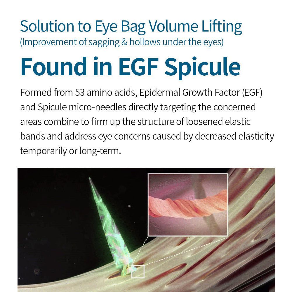 Nahaufnahme einer Hautoberfläche mit einem grünen, nadelförmigen Objekt. Text: Lösung für Augenringe, EGF Spicule.