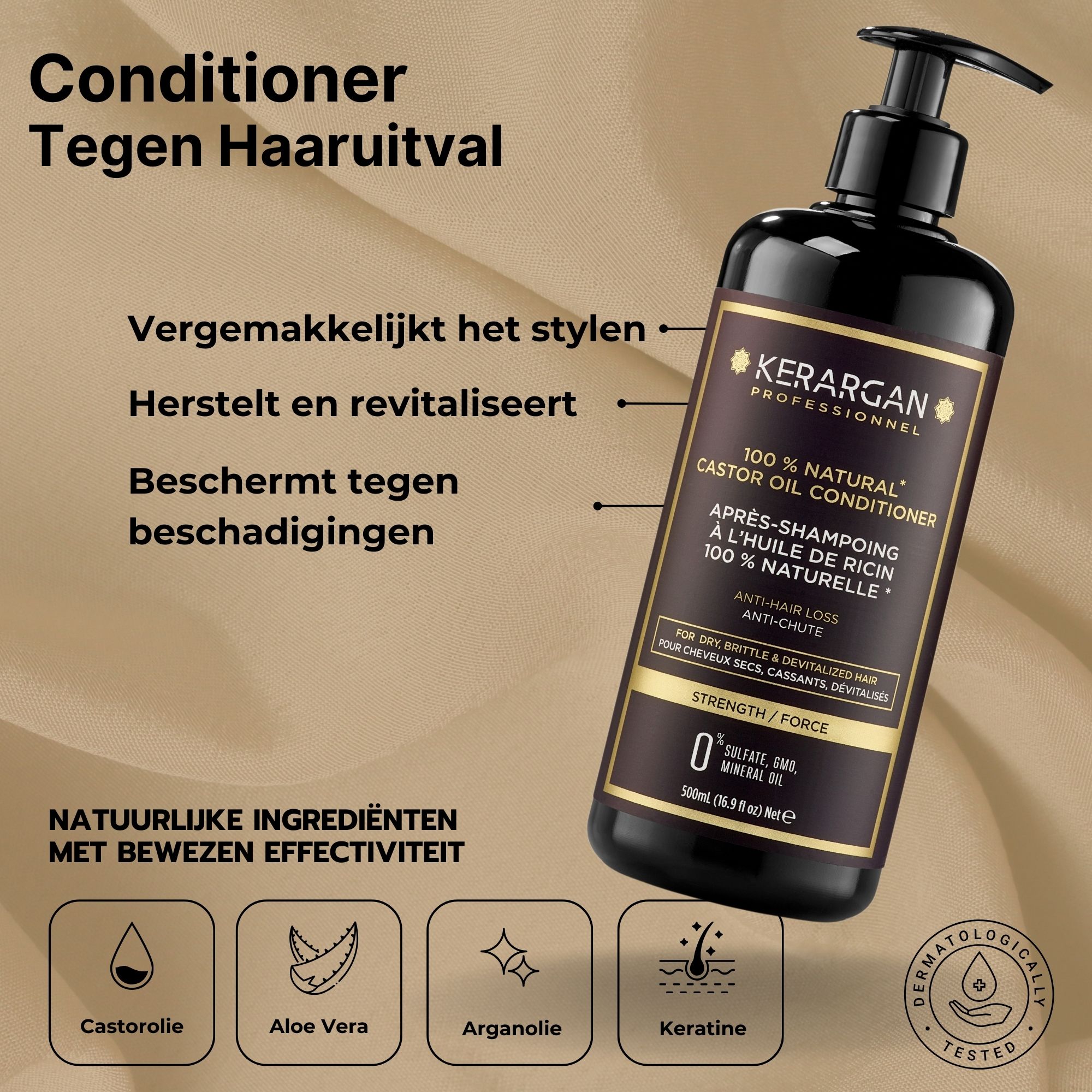 Zwarte conditioner fles met productinfo. Kerargan-logo. Bevat castorolie. Dermatologisch getest.