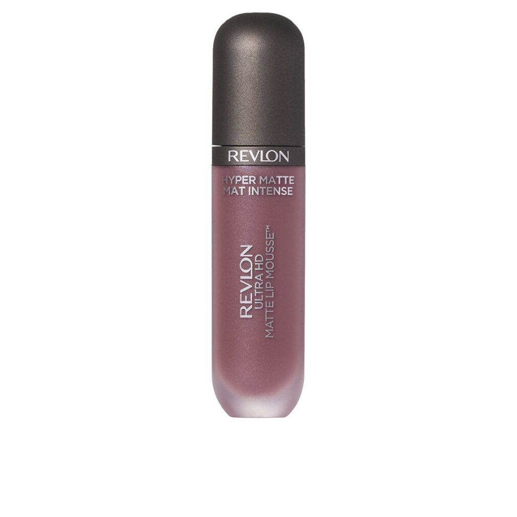 Revlon Ultra HD Matte Lip Mousse. Flasche mit dunkelgrauem Deckel. Text: Hyper Matte, Mat Intense. Farbe: Rosa-Braun.