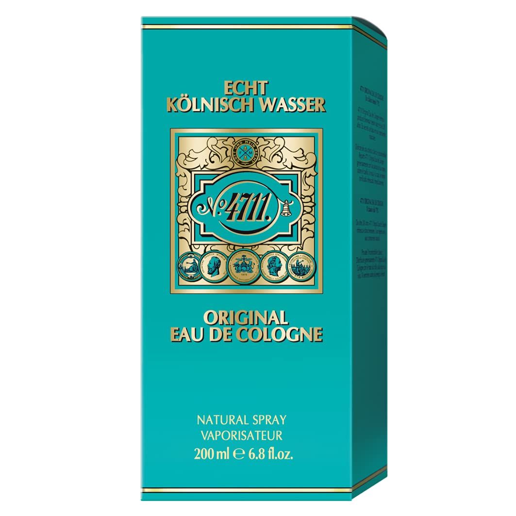 Türkisfarbene Schachtel. Aufschrift: Echt Kölnisch Wasser, Original Eau de Cologne, Nr. 4711. Goldfarbene Details.