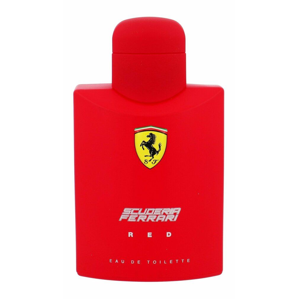 Rotes Eau de Toilette. Logo mit gelbem Schild und schwarzem Pferd. Schriftzug Scuderia Ferrari Red. Quadratische Form.