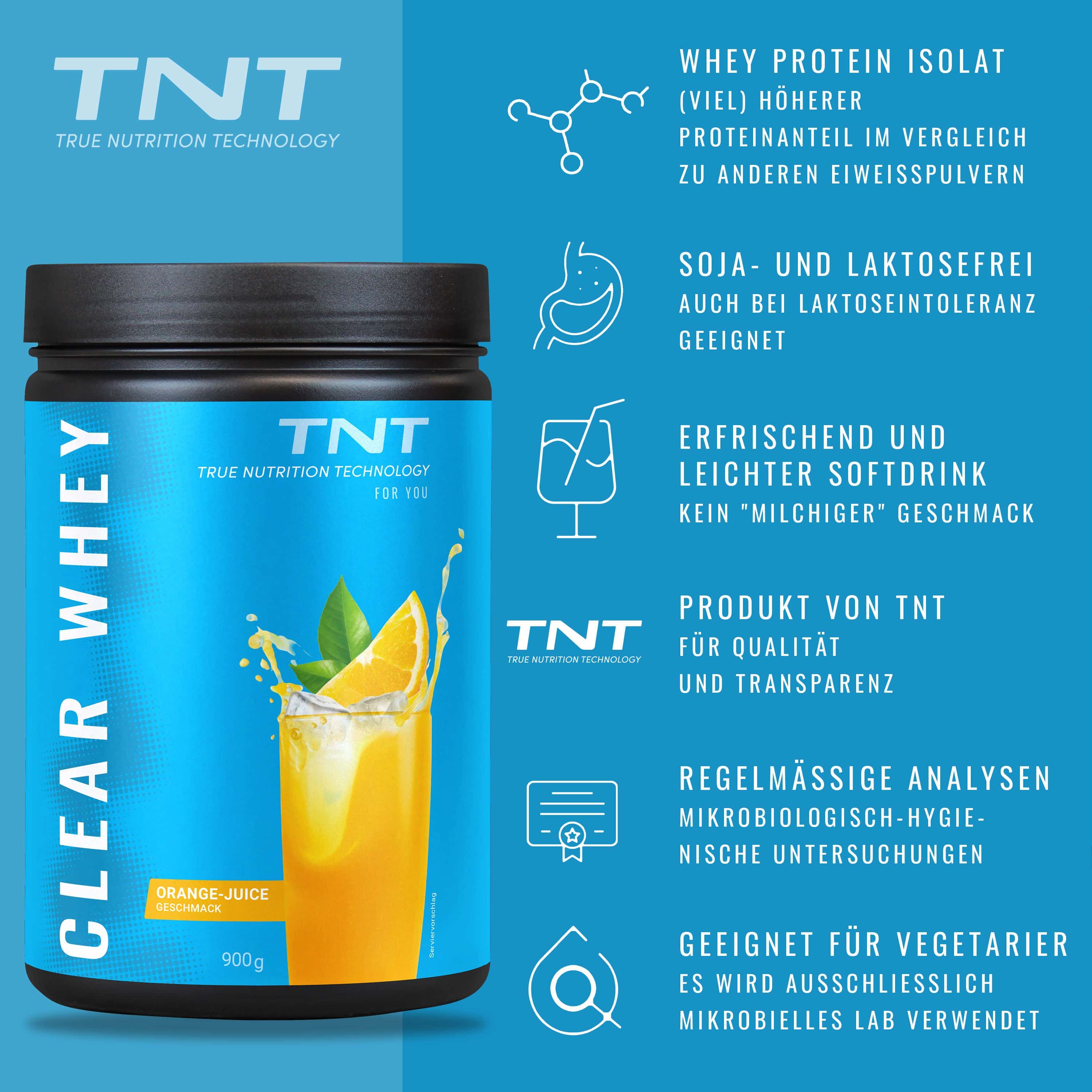 Schwarzer Behälter mit blauem Etikett. Aufschrift: CLEAR WHEY, TNT. Text und Grafiken zu den Produkteigenschaften. Enthält ein Getränk.