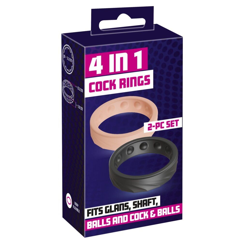 Verpackung mit der Aufschrift 4 IN 1 COCK RINGS. Enthält zwei Cockringe in rosa und schwarz.