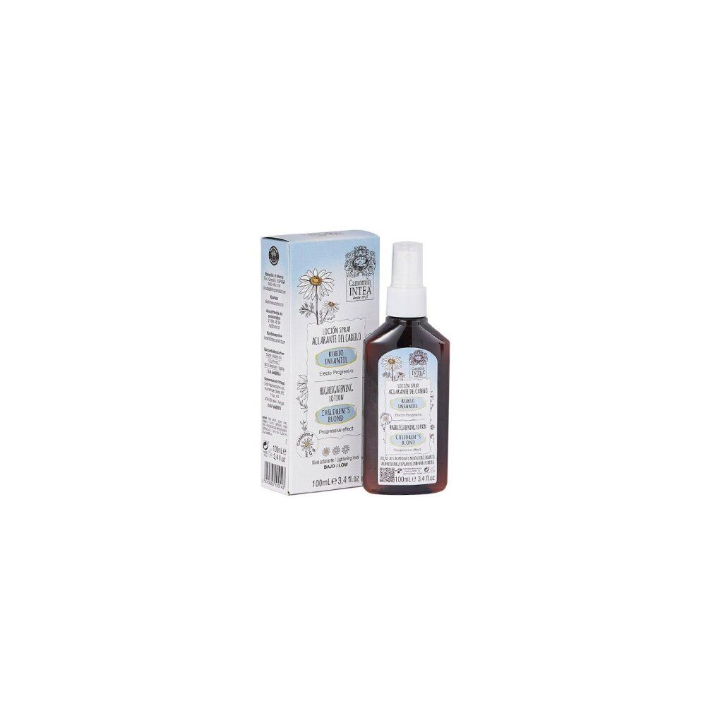 Produktflasche und Schachtel. Aufschrift: Children's Blond Hair Lightening Lotion. Mit Kamillenblüten-Abbildung.