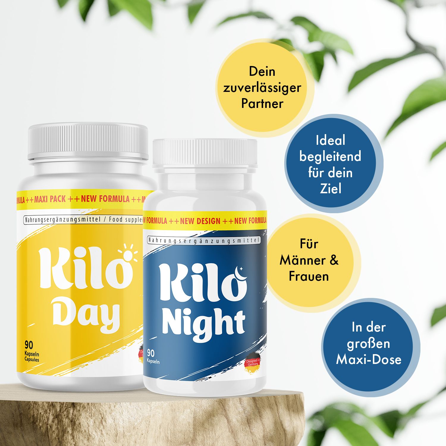 Zwei Flaschen Kilo Day und Kilo Night Kapseln. Gelbes Etikett mit "Day", blaues Etikett mit "Night". Beide mit weißem Deckel.