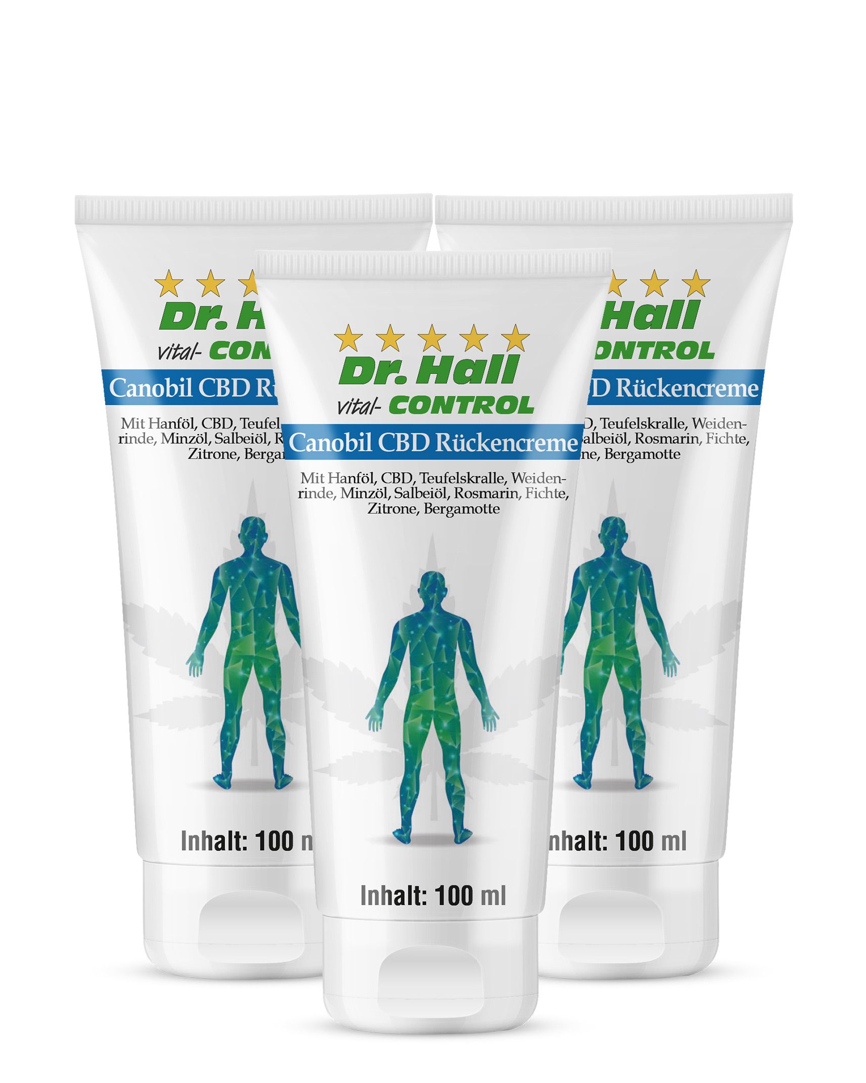 Drei Tuben Dr. Hall Canobil CBD Rückencreme. Weiße Tuben mit grüner und blauer Grafik. Text: Canobil CBD Rückencreme, Inhalt: 100 ml.