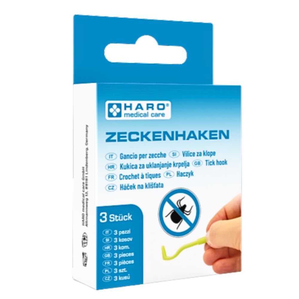 Verpackung mit drei Zeckenhaken. Marke HARO Medical Care. Grüner Haken wird von Hand gehalten. Blaue und weiße Verpackung.