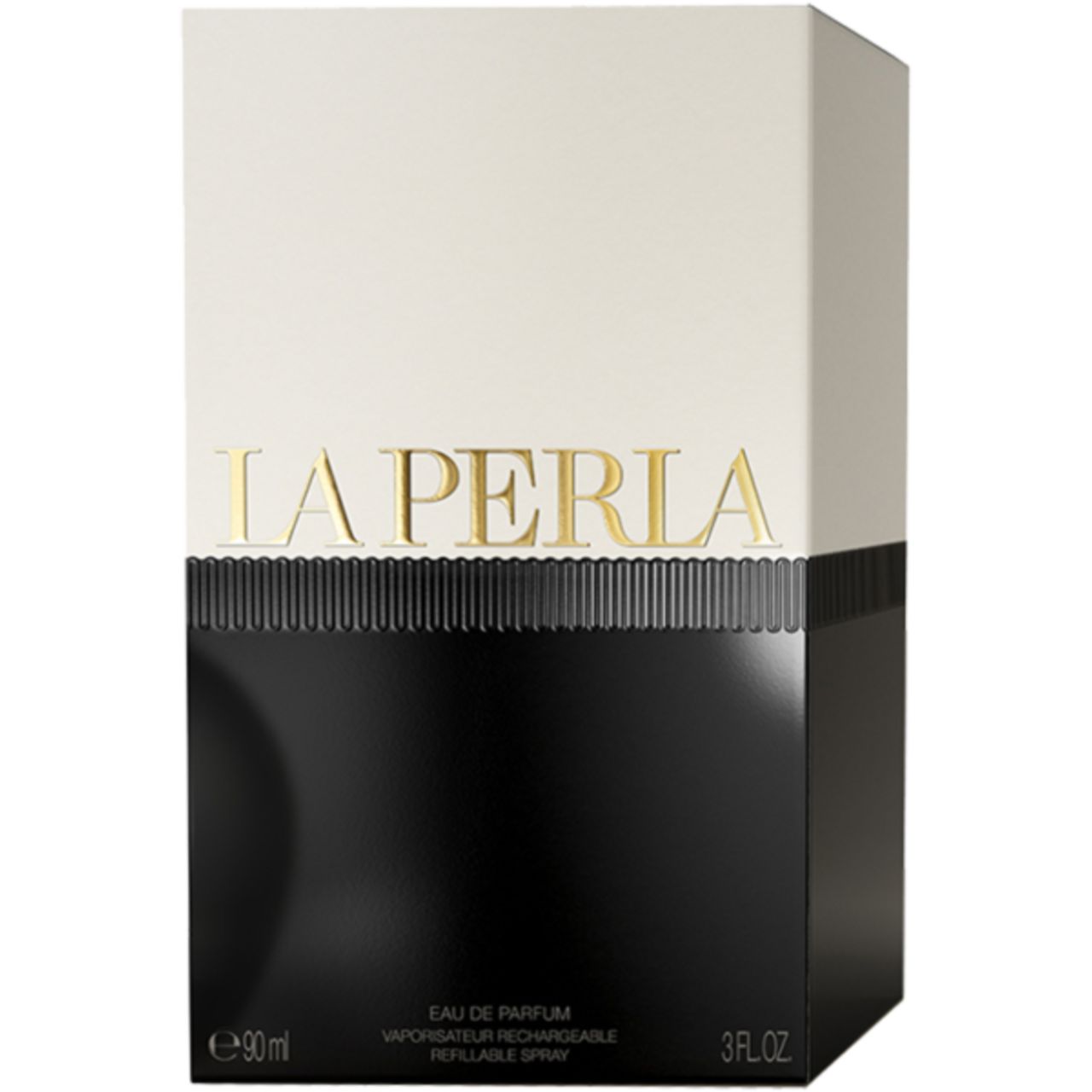 Verpackung von La Perla Signature E.d.P. Nat. Spray. Rechteckige Box, schwarz-weiß mit goldenem Schriftzug. Unten Text: Eau de Parfum, 3 FL.OZ.