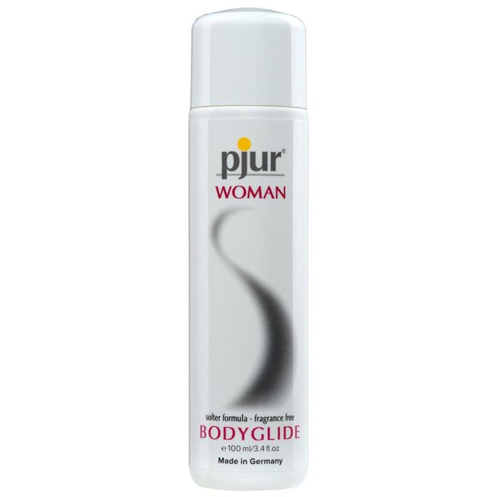 Weiße Flasche pjur® WOMAN Gleitmittel, 100ml, mit Schriftzug.