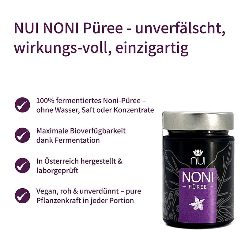 Glas NUI NONI Püree. Schwarzes Glas mit silbernem Deckel. Aufschrift: NUI NONI Püree. Lila Etikett. Text: 100% fermentiertes Noni-Püree.