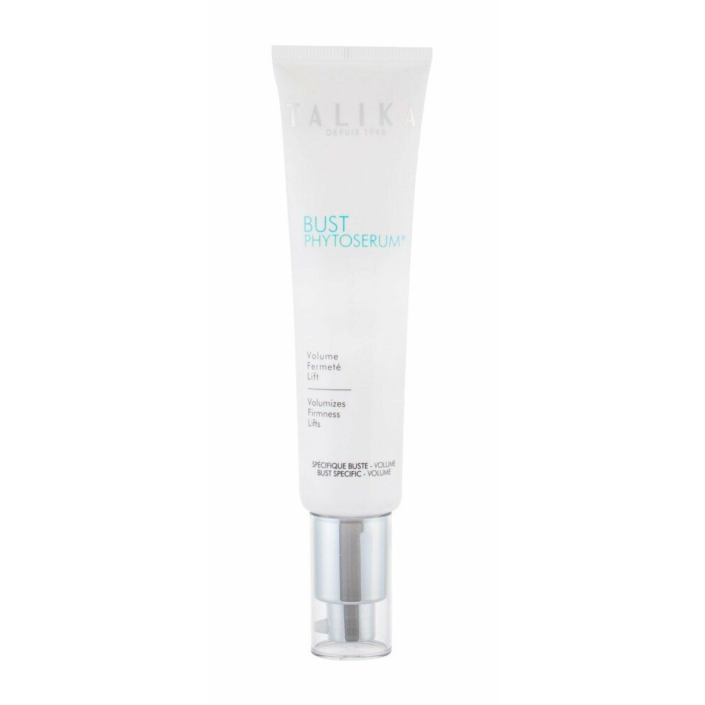 Weißer Tubenbehälter mit silberfarbenem Verschluss. Aufschrift: BUST PHYTOSERUM, Volume, Fermeté, Lift. Marke: TALIKA.