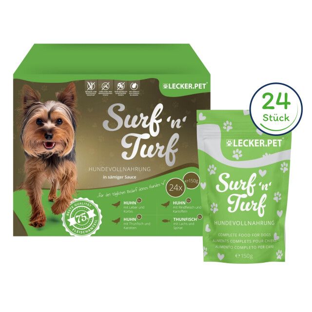 24 x 150 g Lecker.Pet® Surf'n'Turf Pouches Hundefutter Nassfutter - 4 Sorten Multipack 24x150 Futter