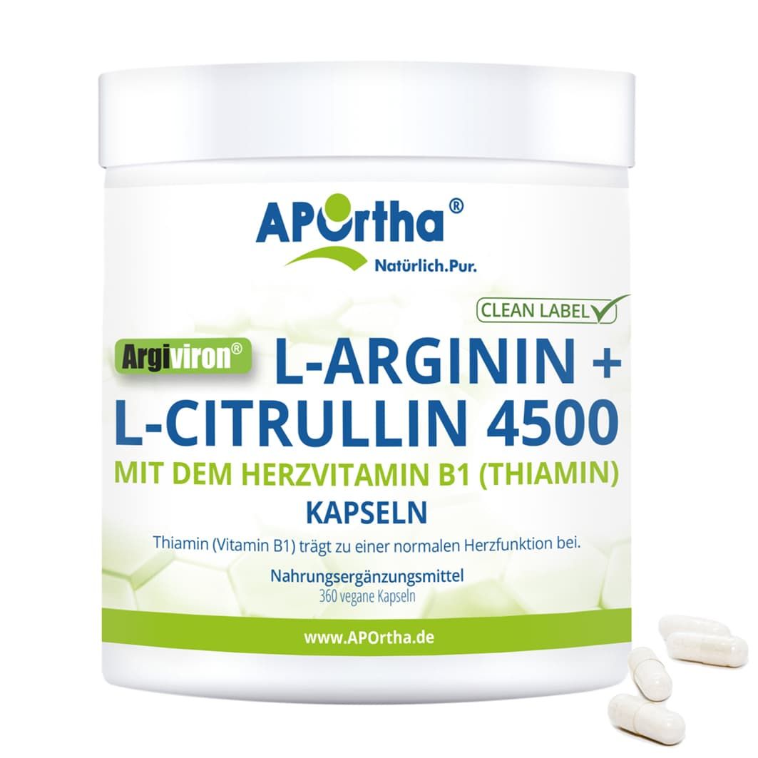 Weißes Produktglas mit APOrtha® Argiviron® L-Arginin + L-Citrullin + Vitamin B1 Kapseln. Grüne und weiße Beschriftung. 3 Kapseln daneben.