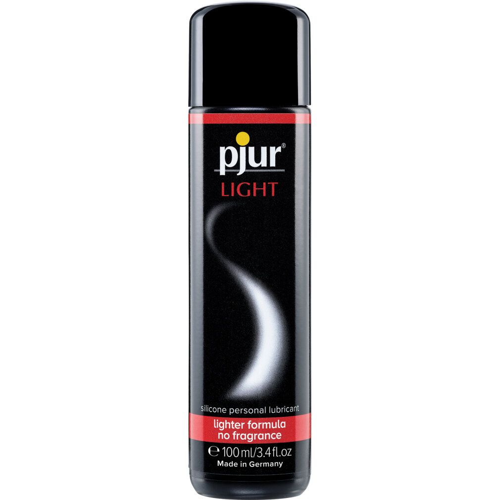 Schwarze Flasche mit gelbem Logo "pjur LIGHT". Roter Streifen mit Text. Enthält "Silicone personal lubricant".