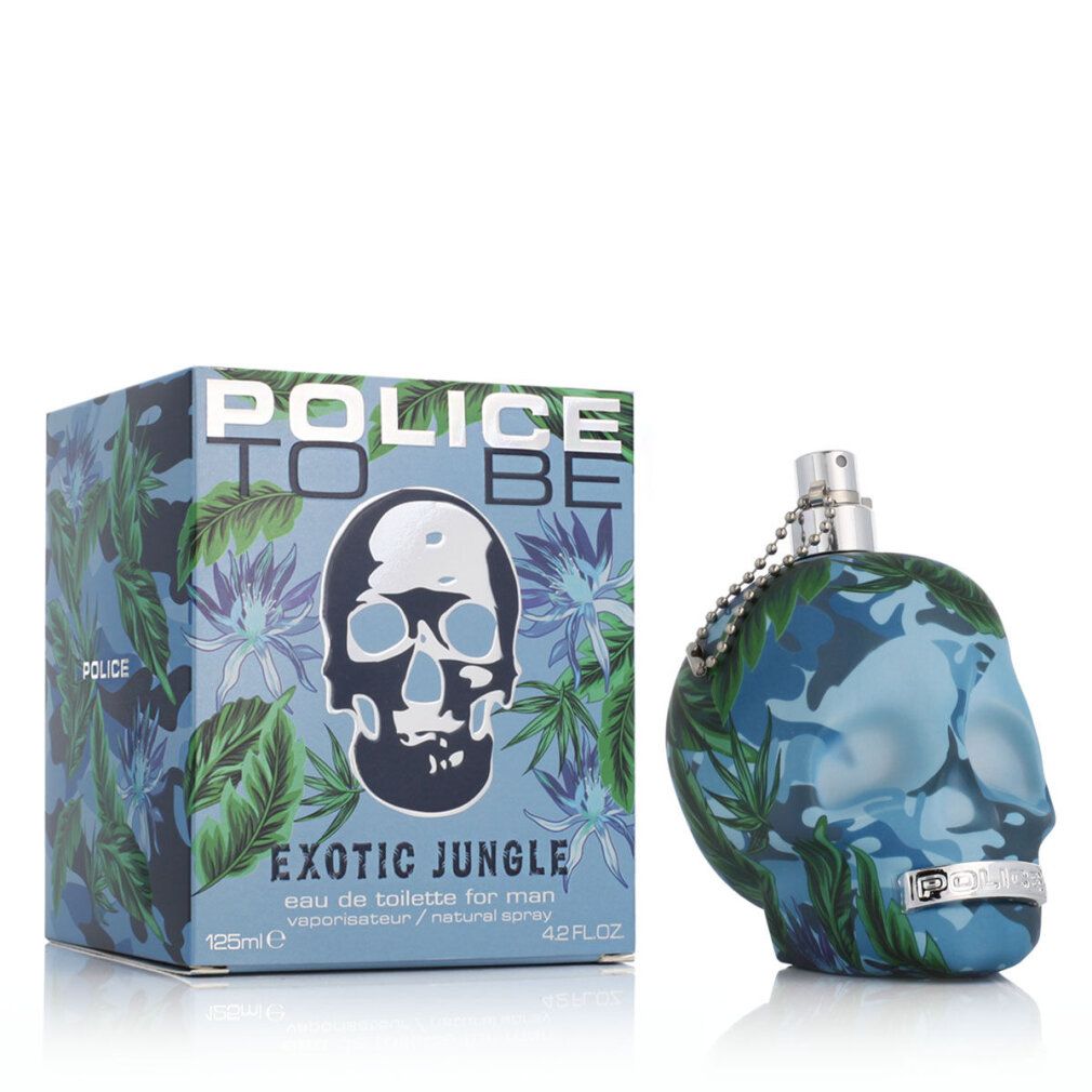 Verpackung und Flasche Police To Be Exotic Jungle Man Eau De Toilette Spray, Totenkopf-Design.