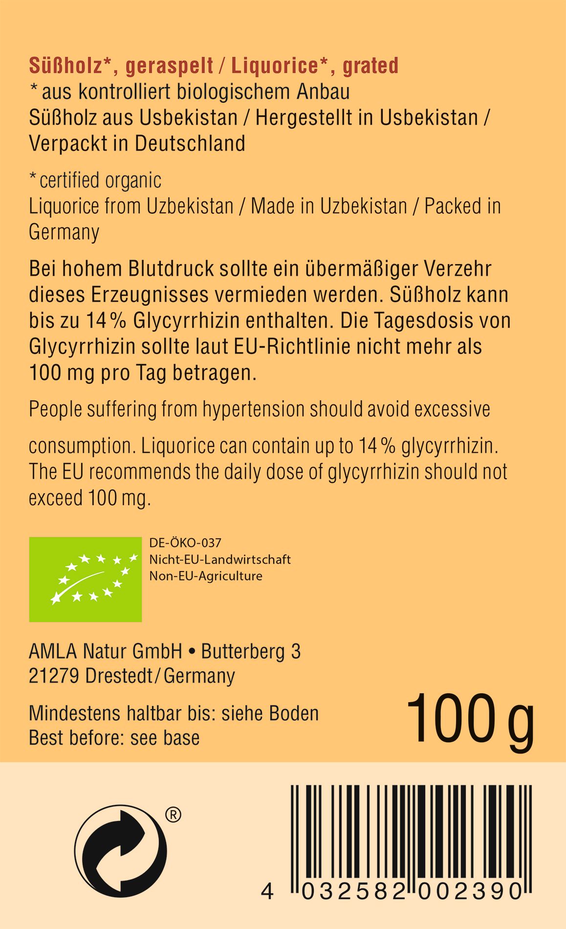 Rückseite der Verpackung. Text: Süßholz, gerieben, aus kontrolliert biologischem Anbau, Bio-Siegel, 100 g.