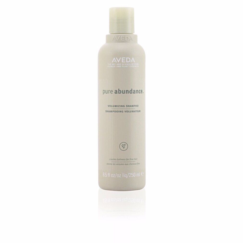 Beige Shampoo-Flasche mit weißem Deckel. Aufschrift: Aveda, Pure Abundance, volumizzante per capelli. 250ml.