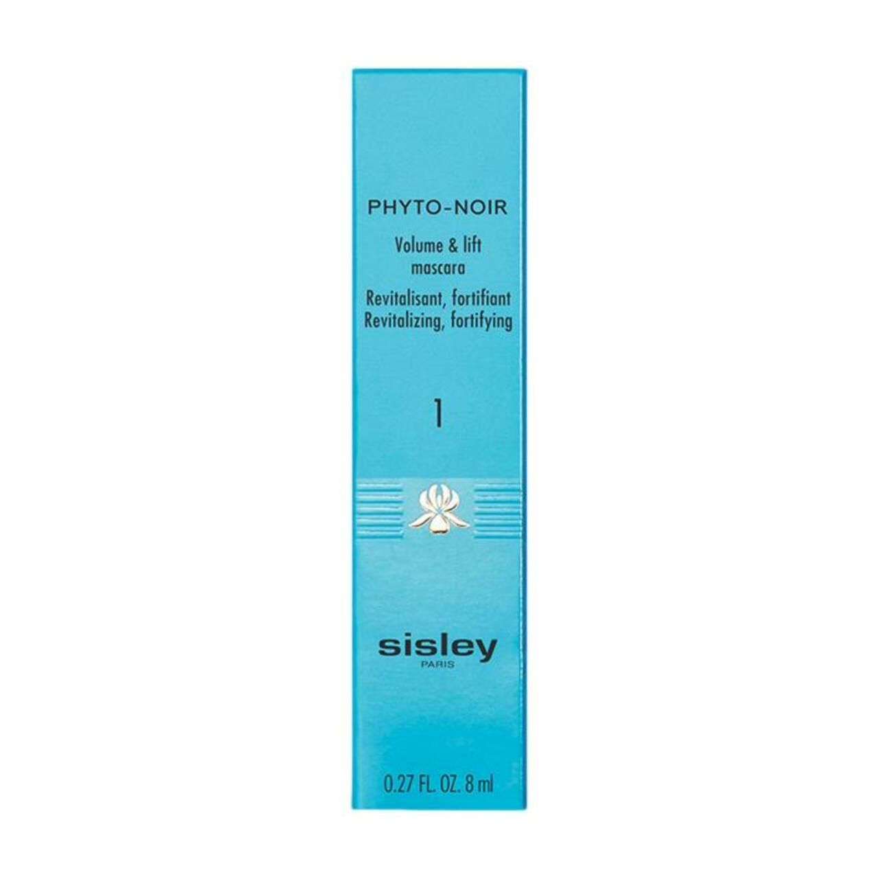 Blaue Verpackung mit Text: "PHYTO-NOIR Volume & lift mascara". Unten steht "sisley PARIS" und "0.27 FL. OZ. 8 ml".