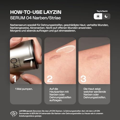 Anwendung des Serums. Schritte: 1. Pumpen. 2. Auftragen. 3. Haut zeigt Verbesserung. Grauer Hintergrund.