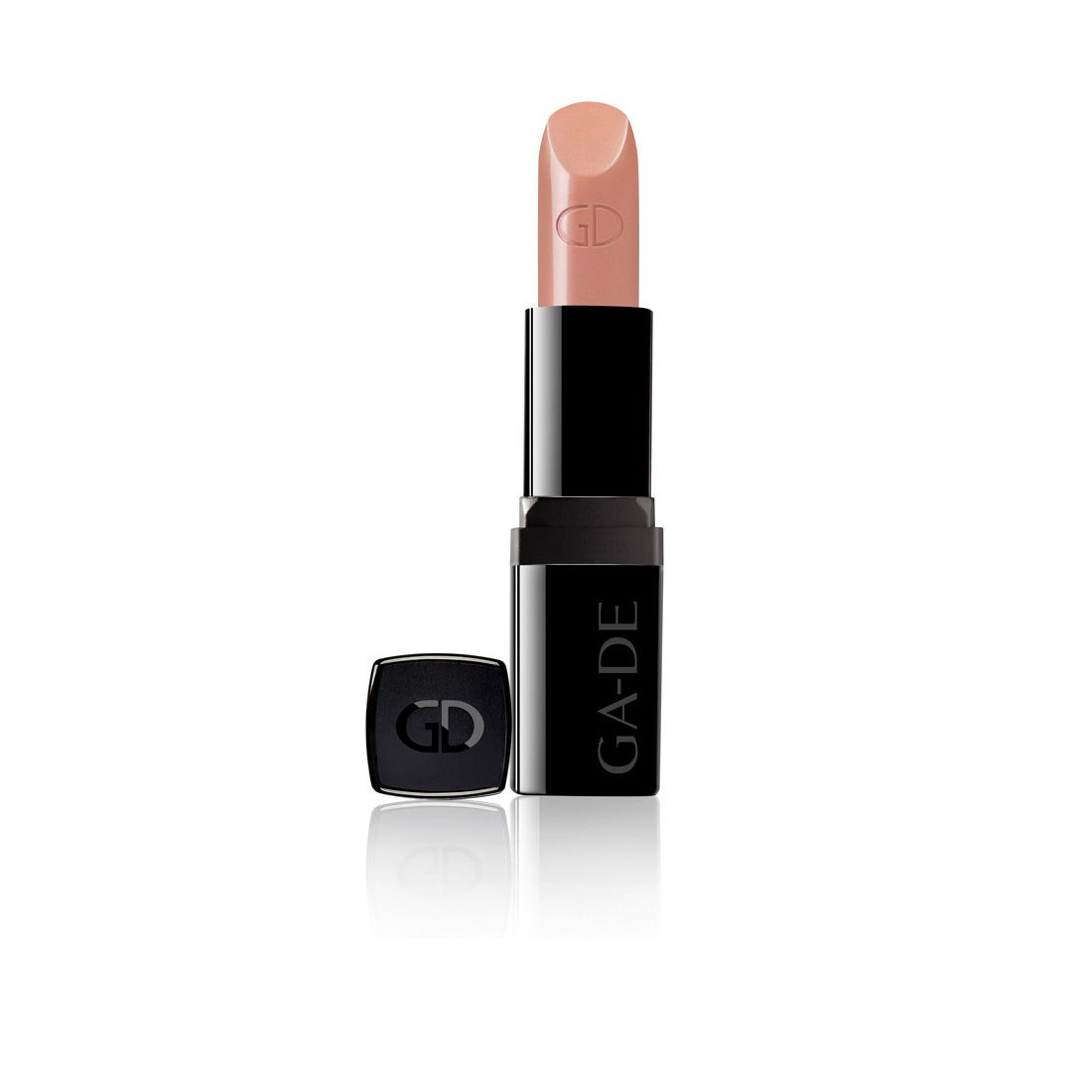 Lippenstift mit schwarzer Hülle und Deckel. Auf dem Lippenstift ist das Logo "GD" eingeprägt. Der Lippenstift ist geöffnet.