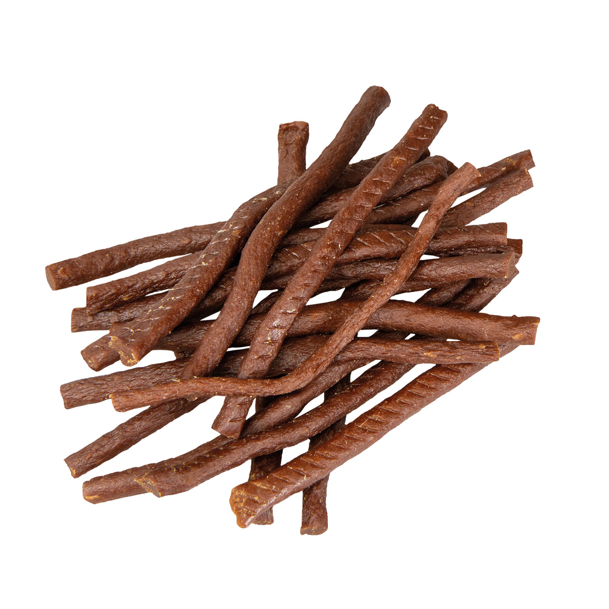 Haufen brauner, länglicher Stäbchen. Einzelne Stäbchen sind unregelmäßig geformt. Auf weißem Hintergrund.