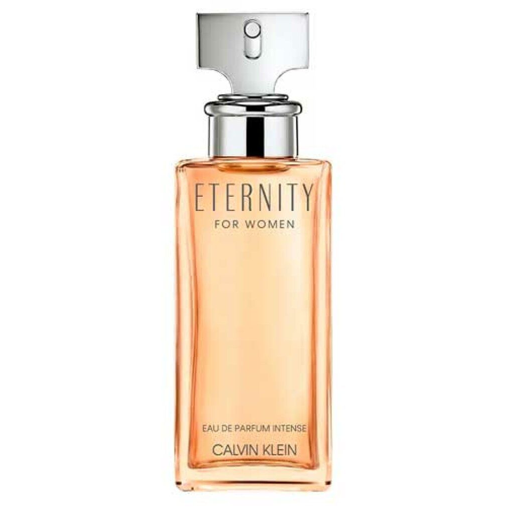 Eckiger Flakon mit silbernem Verschluss. Aufschrift: Eternity for Women, Eau de Parfum Intense, Calvin Klein.