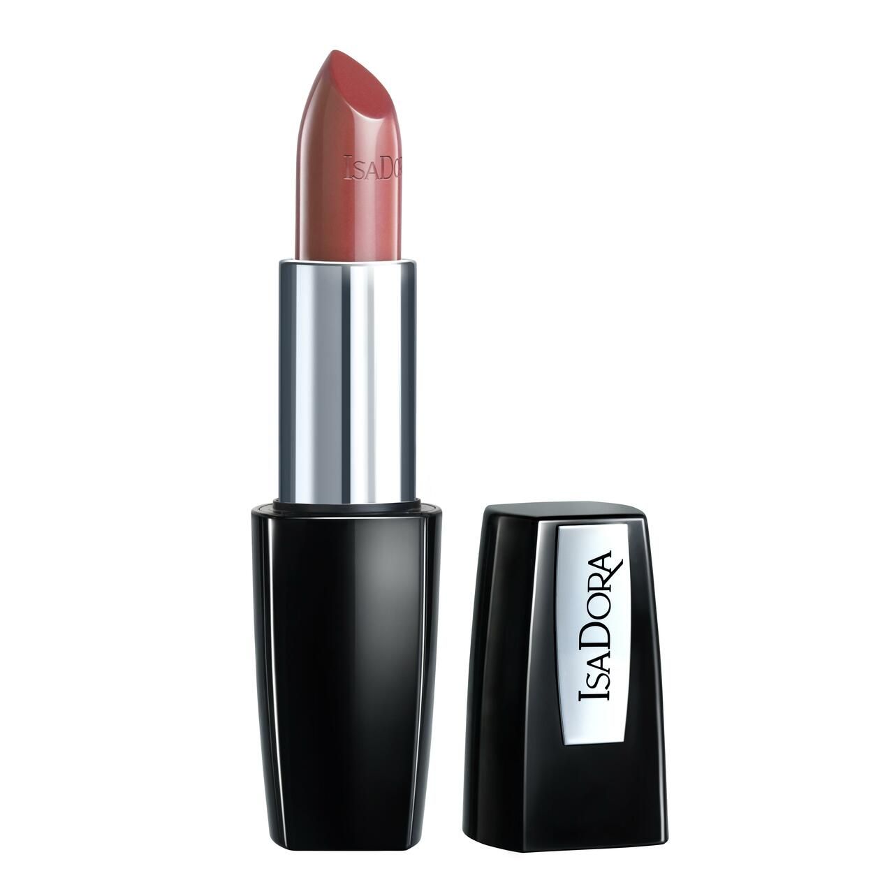 Offener Lippenstift mit rosafarbenem Stift. Schwarze Hülle, silberner Ring, schwarze Kappe mit IsaDora-Logo.